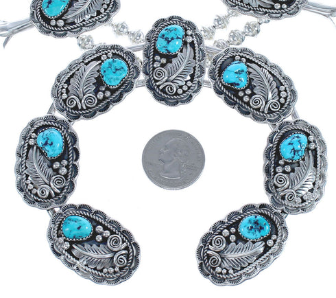 Navajo Sterling Silver Scalloped Leaf Turquoise Squash Blossom Necklace Set RX119043
